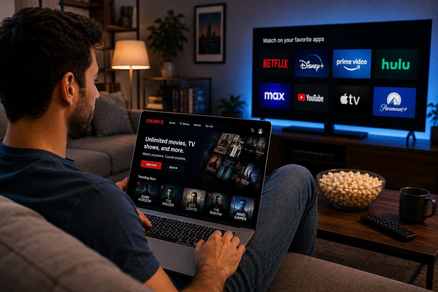 Man streaming movies on a laptop with a smart TV displaying popular streaming apps in a modern living room.jpg