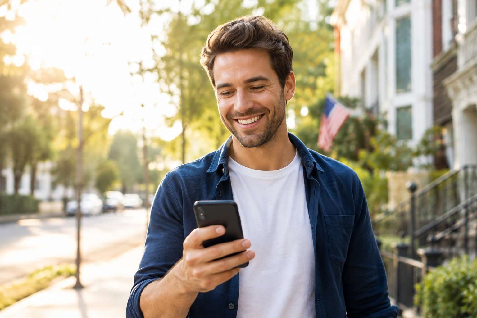 Smiling american man using his smartphone while walking outdoors on a sunny residential street.jpg