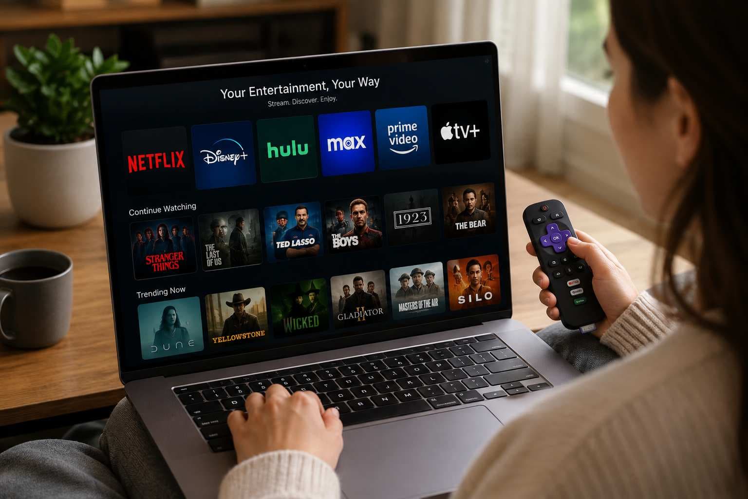 Woman streaming movies on a laptop in a modern living room.jpg