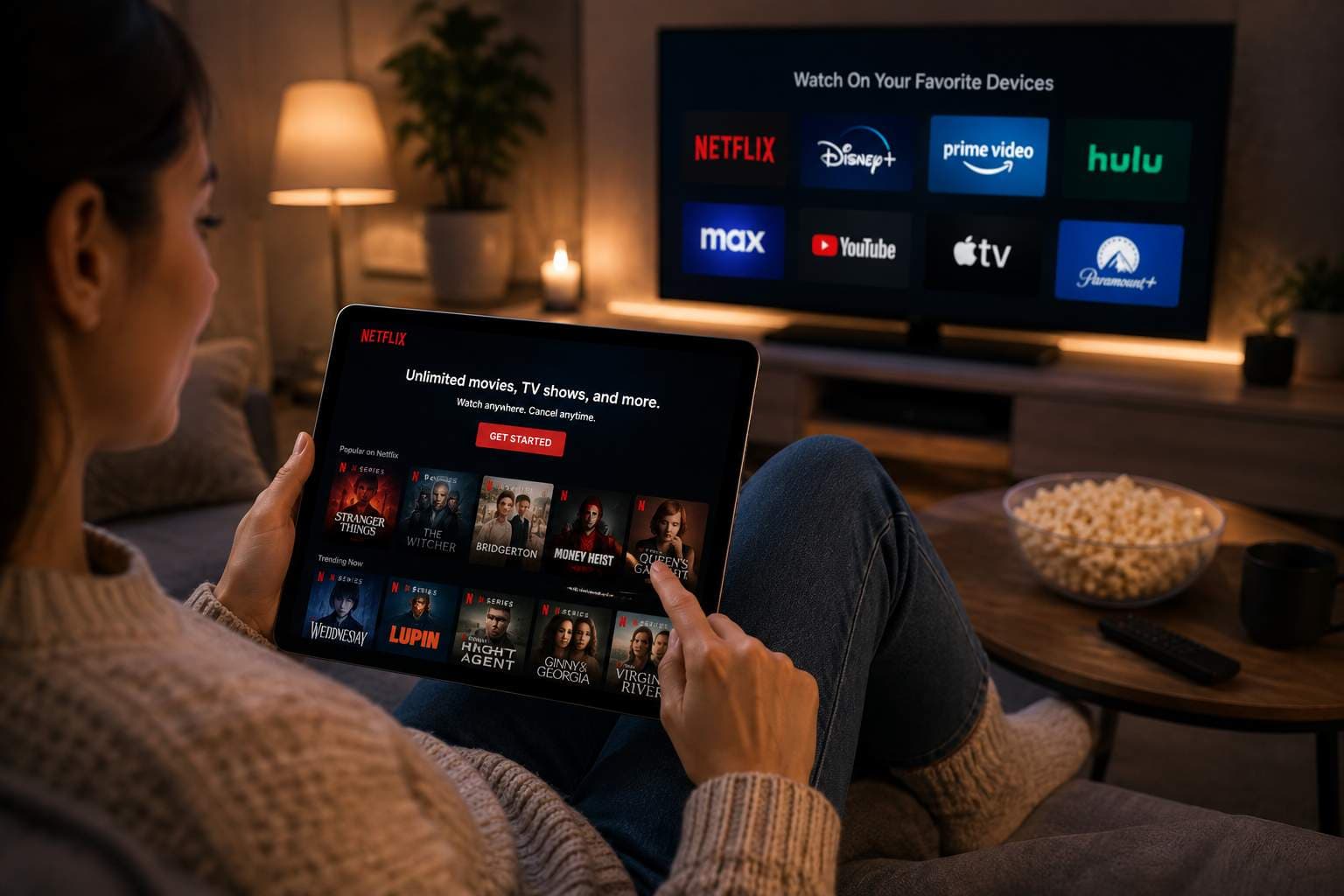 Woman using a laptop to browse streaming services while watching TV in a cozy living room.jpg