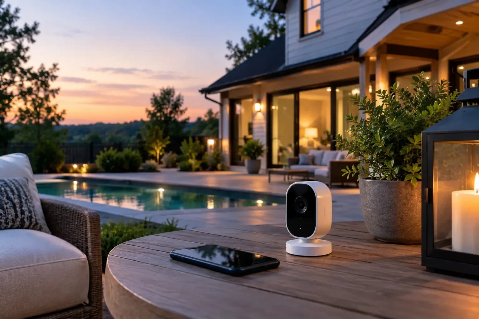 Wireless home security camera on a patio overlooking a backyard swimming pool at sunset